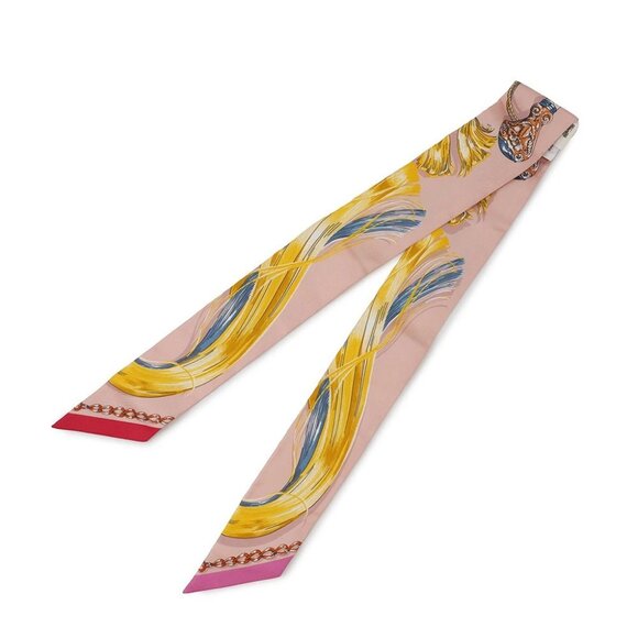 HERMES Twilly CAVALCADES Silk100% Rose Poudre/Jaune d'or 061829S - Picture 2 of 9